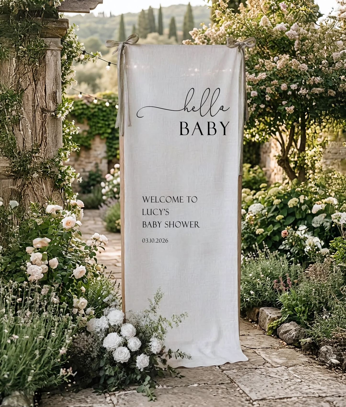 Hello Baby Shower Banner Personalized Baby Shower Welcome Sign Custom Name Linen Party Backdrop