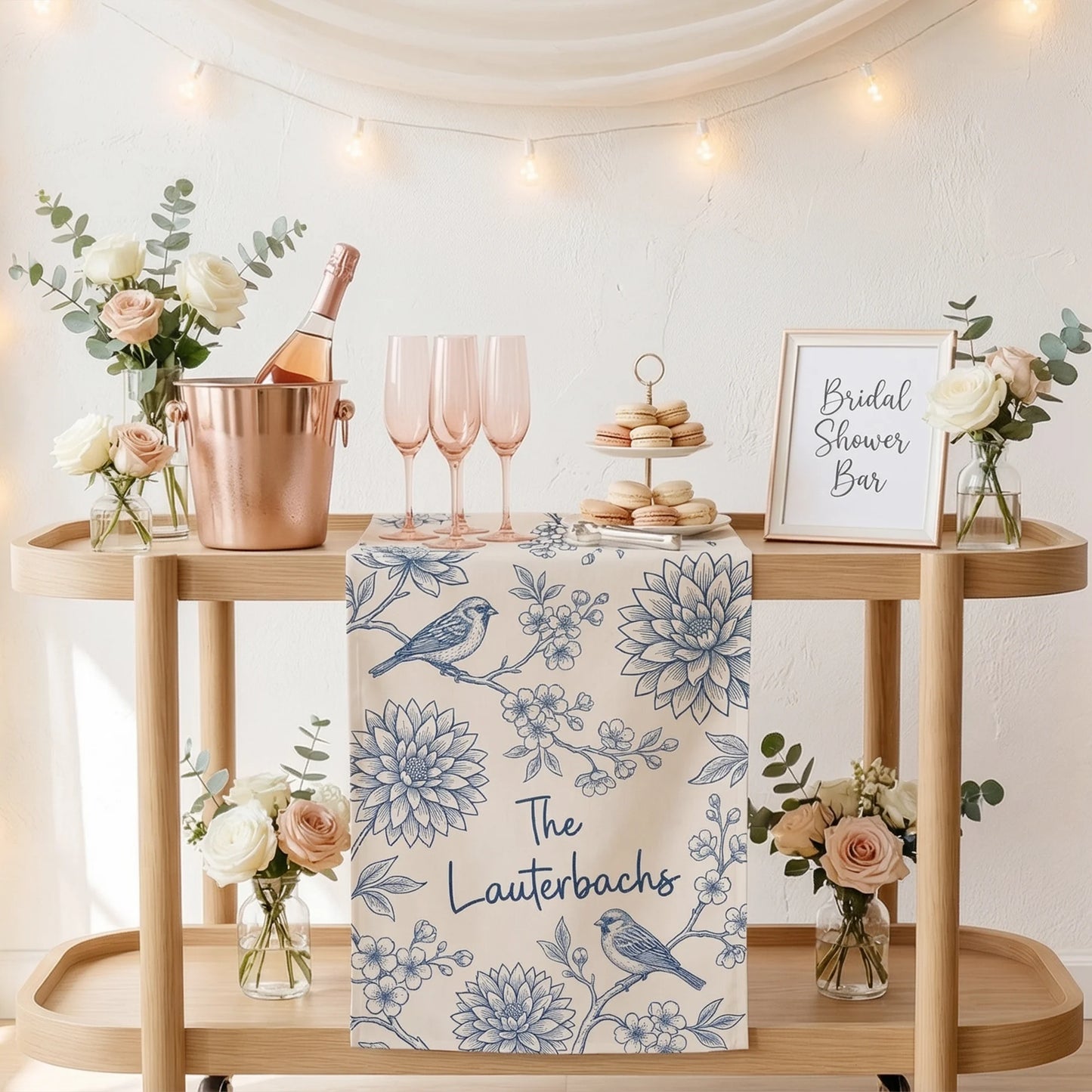 Blue Floral Wedding Bar Runner Personalized Custom Family Name Reception Bar Linen Table Runner