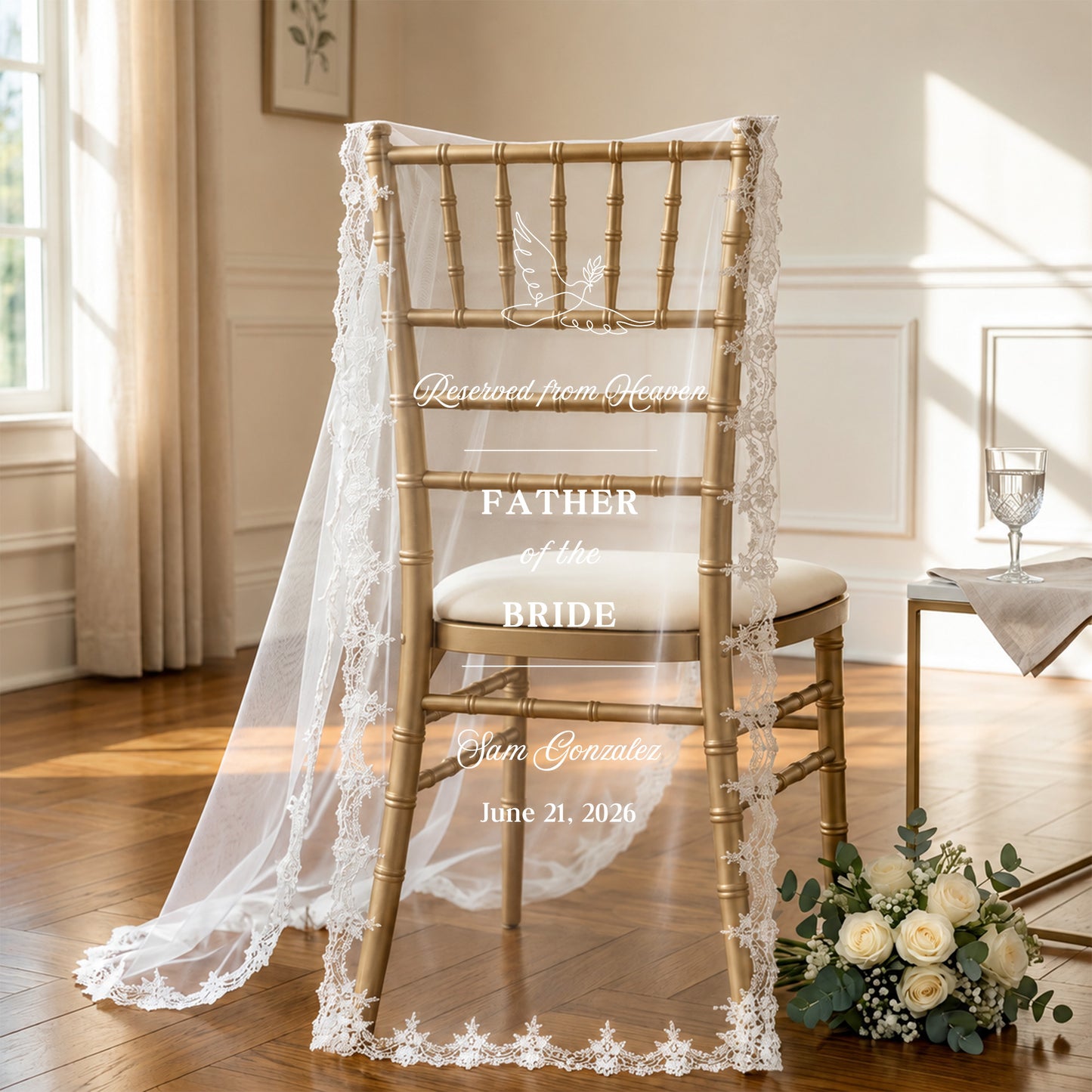 Custom In Loving Memory Wedding Chair Sign, Sheer Lace Reserved Banner, Sympathy Gift