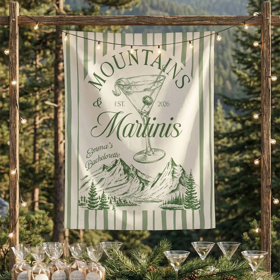 Mountains and Martinis Bachelorette Banner Personalized Mountain Bachelorette Party Backdrop Custom Name Banner