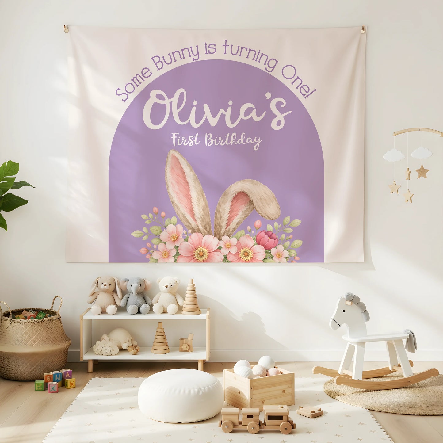Bunny First Birthday Tapestry Personalized Girl 1st Birthday Backdrop Bunny Birthday Party Banner