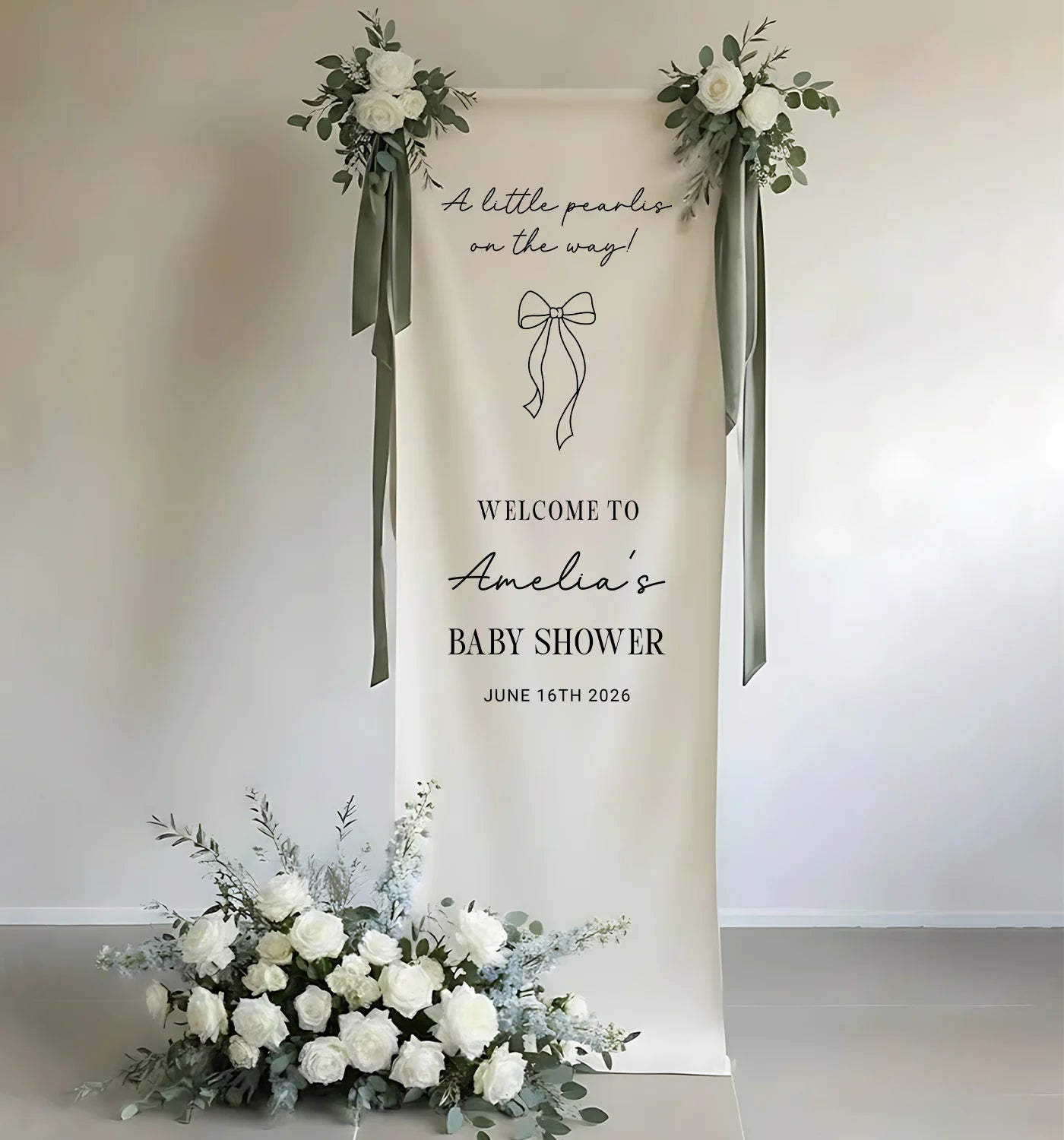 Baby Shower Banner Stand Personalized Baby Shower Welcome Sign A Little Pearls on the Way Custom Name Linen Decor