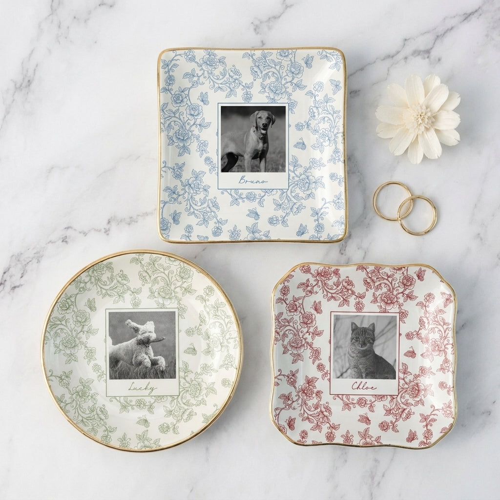 Custom Pet Portrait Jewelry Dish, Toile De Jouy Pet Ring Dish, Dog Cat Trinket Dish, Pet Lover Gift