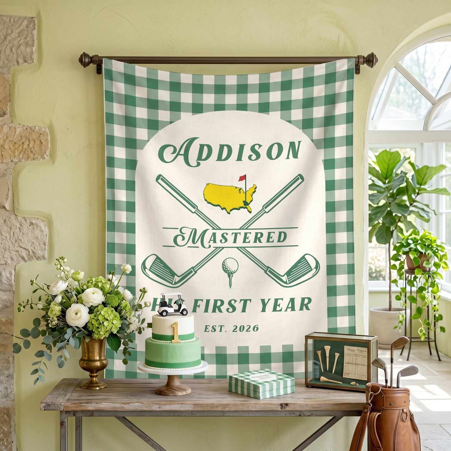 Personalized 1st Birthday Backdrop, Mastered First Year Banner, Hole In One Sign, Golf Themed Party Decorations