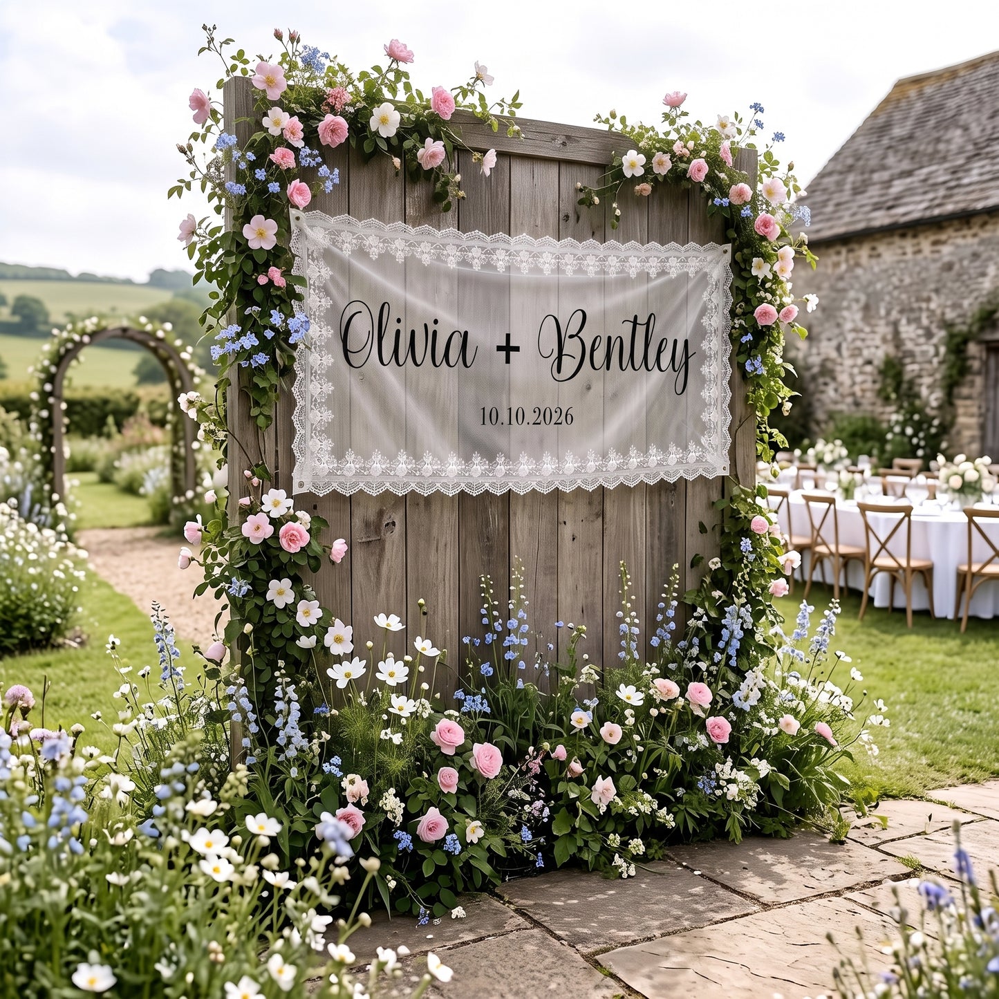 Personalized Lace Wedding Welcome Banner, Reception Entrance Sign, Wedding Car Decor