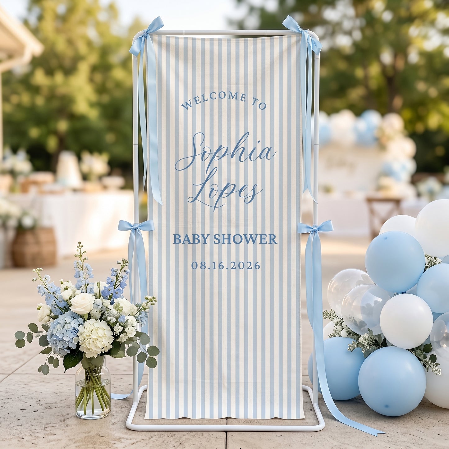Linen Striped Baby Shower Welcome Sign Tapestry, Personalized Baby Shower Banner