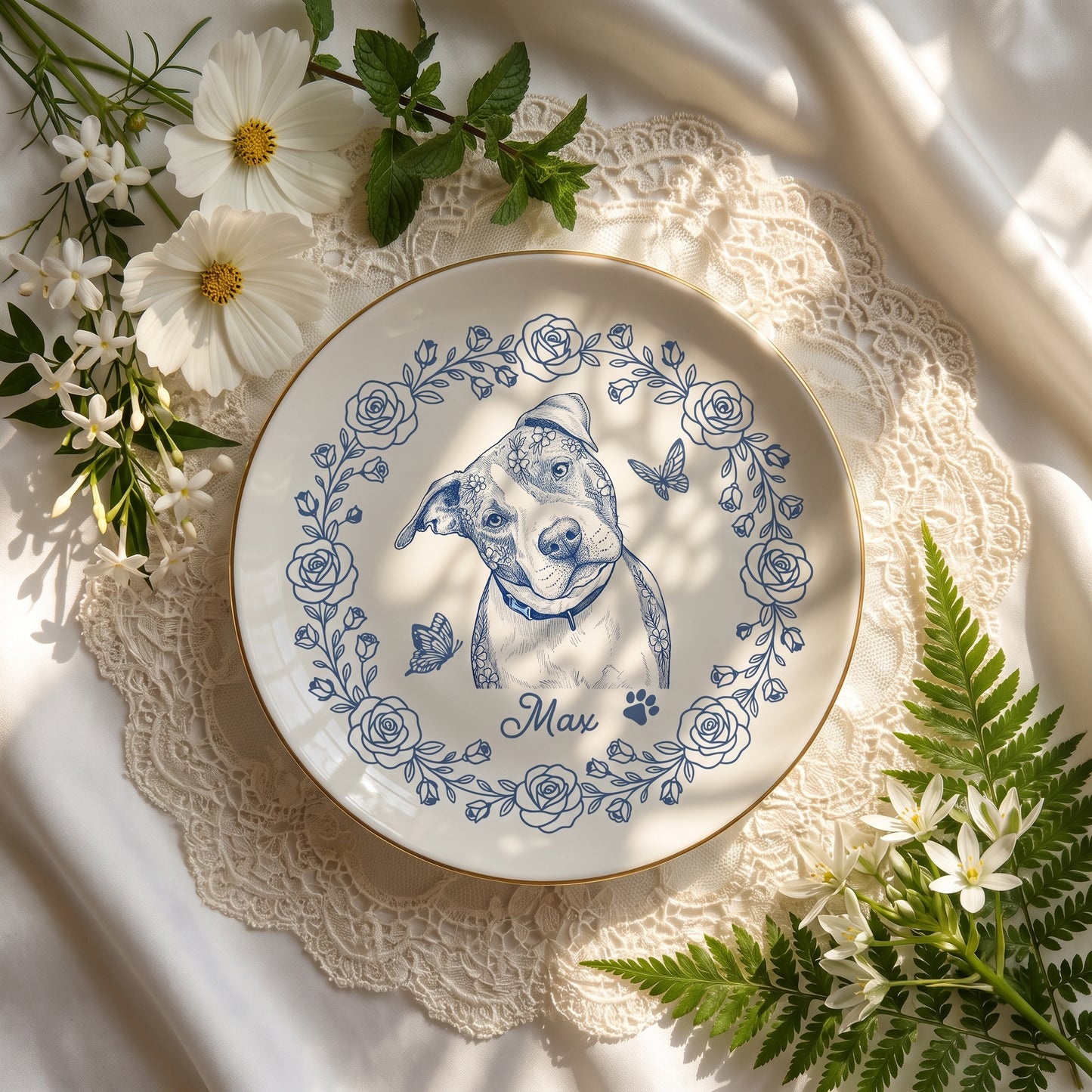 Custom Pet Portrait Jewelry Dish, Toile De Jouy Pet Ring Dish, Dog Cat Ceramic Trinket Tray Gift For Pet Lover