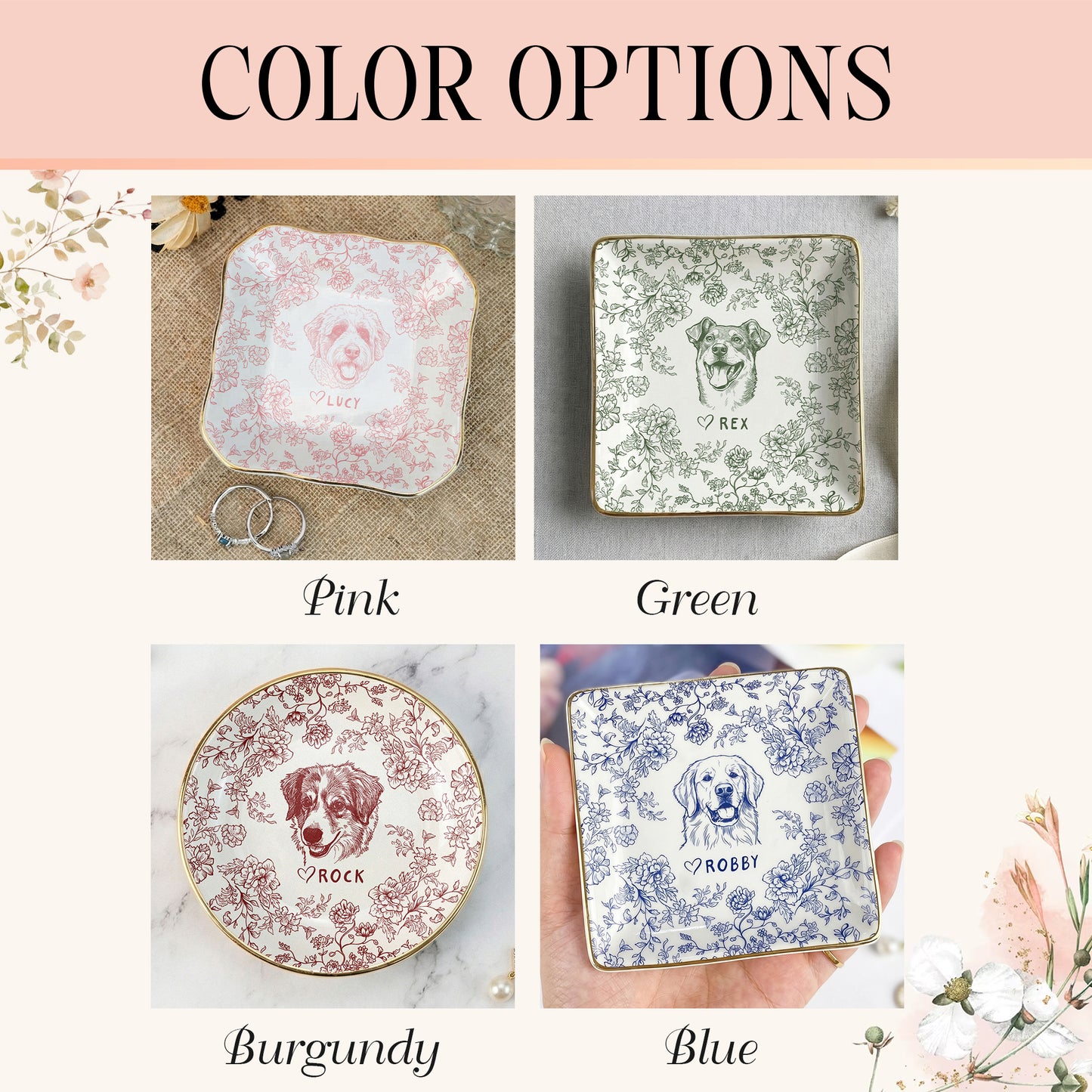 Custom Pet Jewelry Dish, Dog Cat Portrait Ring Dish, Toile De Jouy Pet Ring Dish