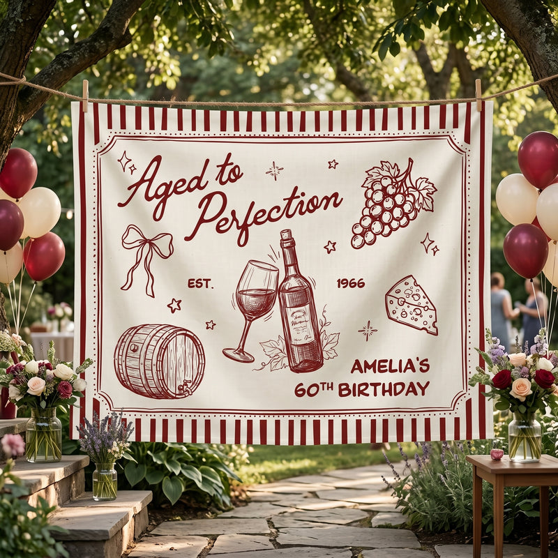 Custom Aged to Perfection Backdrop for Birthday Party Welcome Sign, 20th 30th 40th 50th 60th Birthday Banner Wine Decor