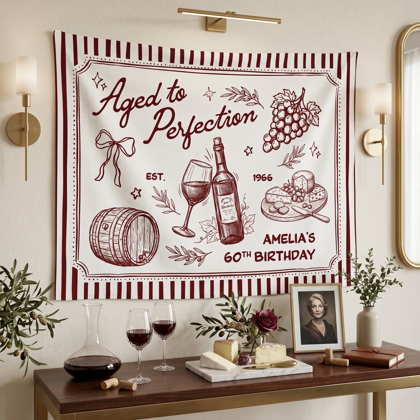 Custom Aged to Perfection Backdrop for Birthday Party Welcome Sign, 20th 30th 40th 50th 60th Birthday Banner Wine Decor