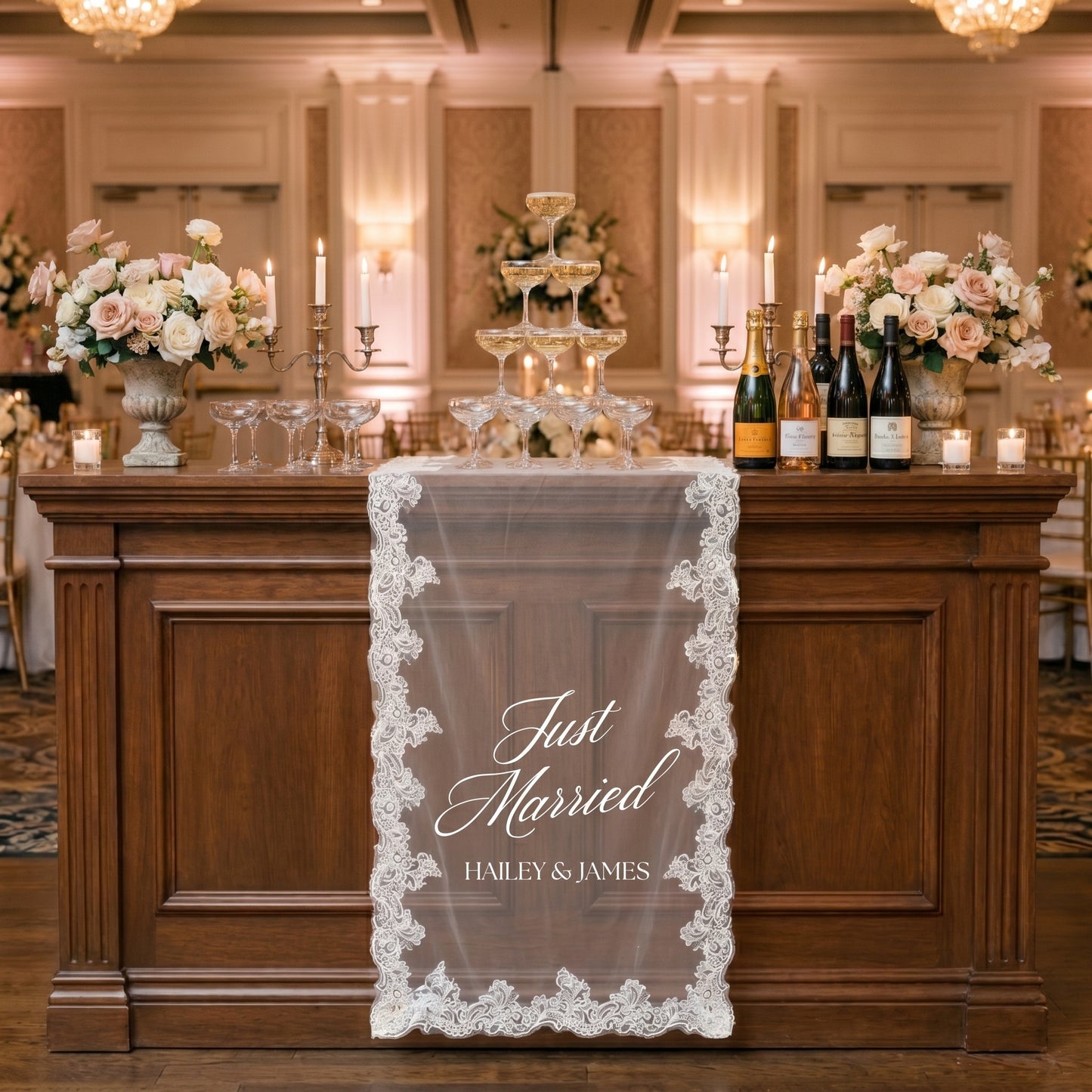 Custom Lace Sheer Wedding Banner, Just Married Lace Wedding Welcome Sign, Engagement Party Sign (Copy)