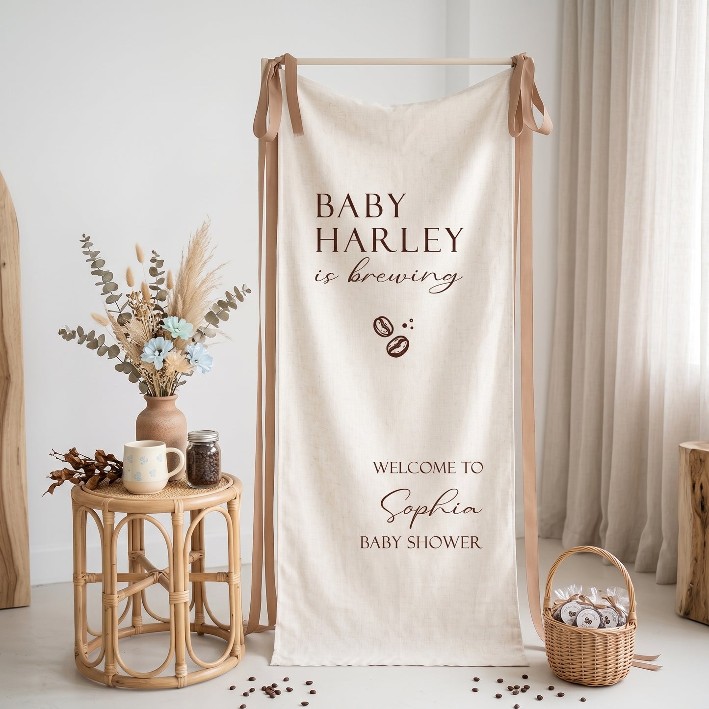 Coffee Themed Baby Shower Banner and Welcome Sign, A Baby Is Brewing, Cotton Linen Fabric Party Decor
