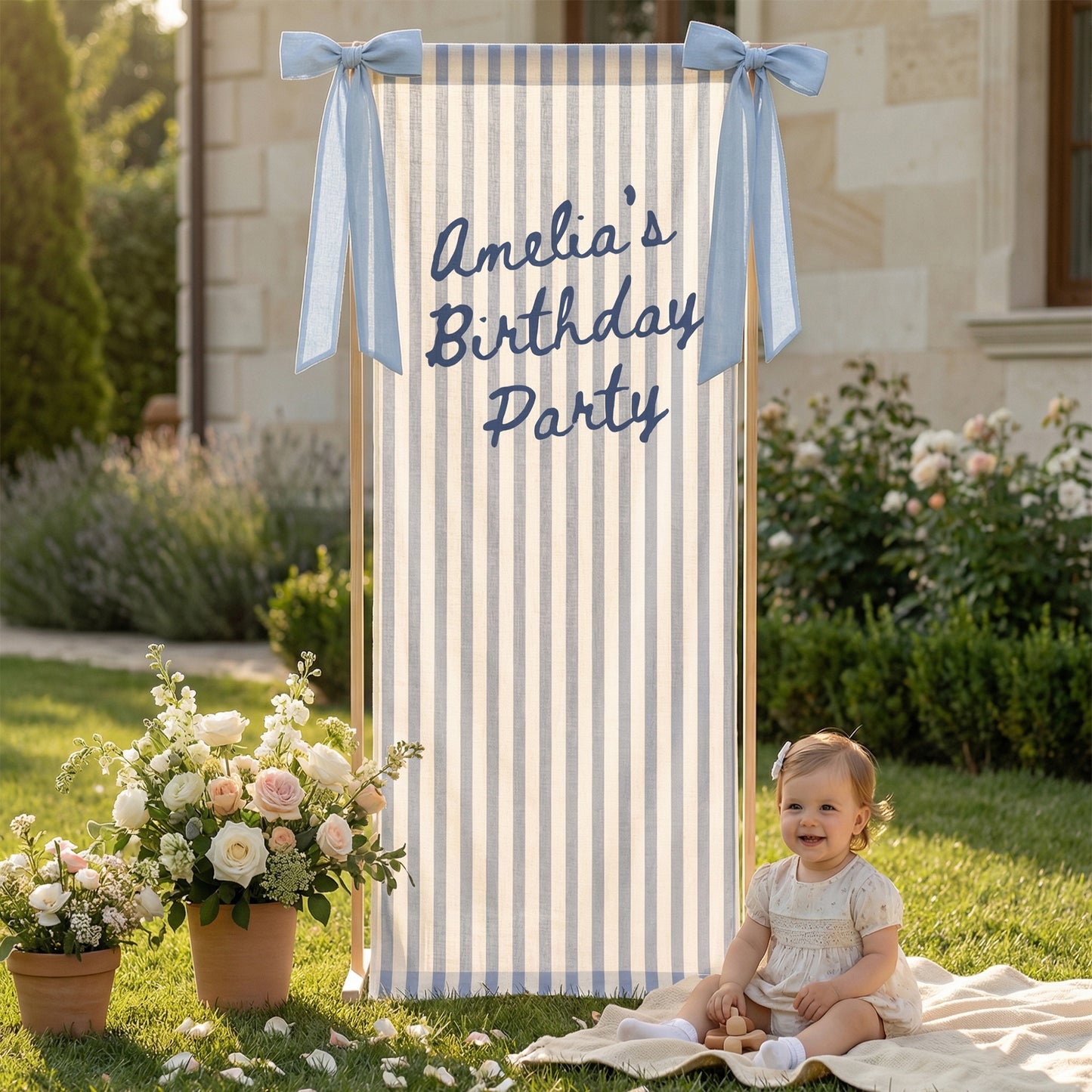Striped Cotton Linen Birthday Banner, Custom Name Party Backdrop, Striped Fabric Hanging Decor