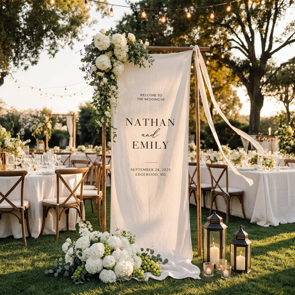 Minimalist Wedding Welcome Sign Banner, Personalized Names & Date