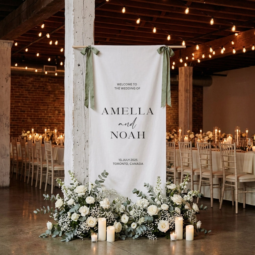 Minimalist Wedding Welcome Banner Stand, Personalized Names & Date for Outdoor Ceremony