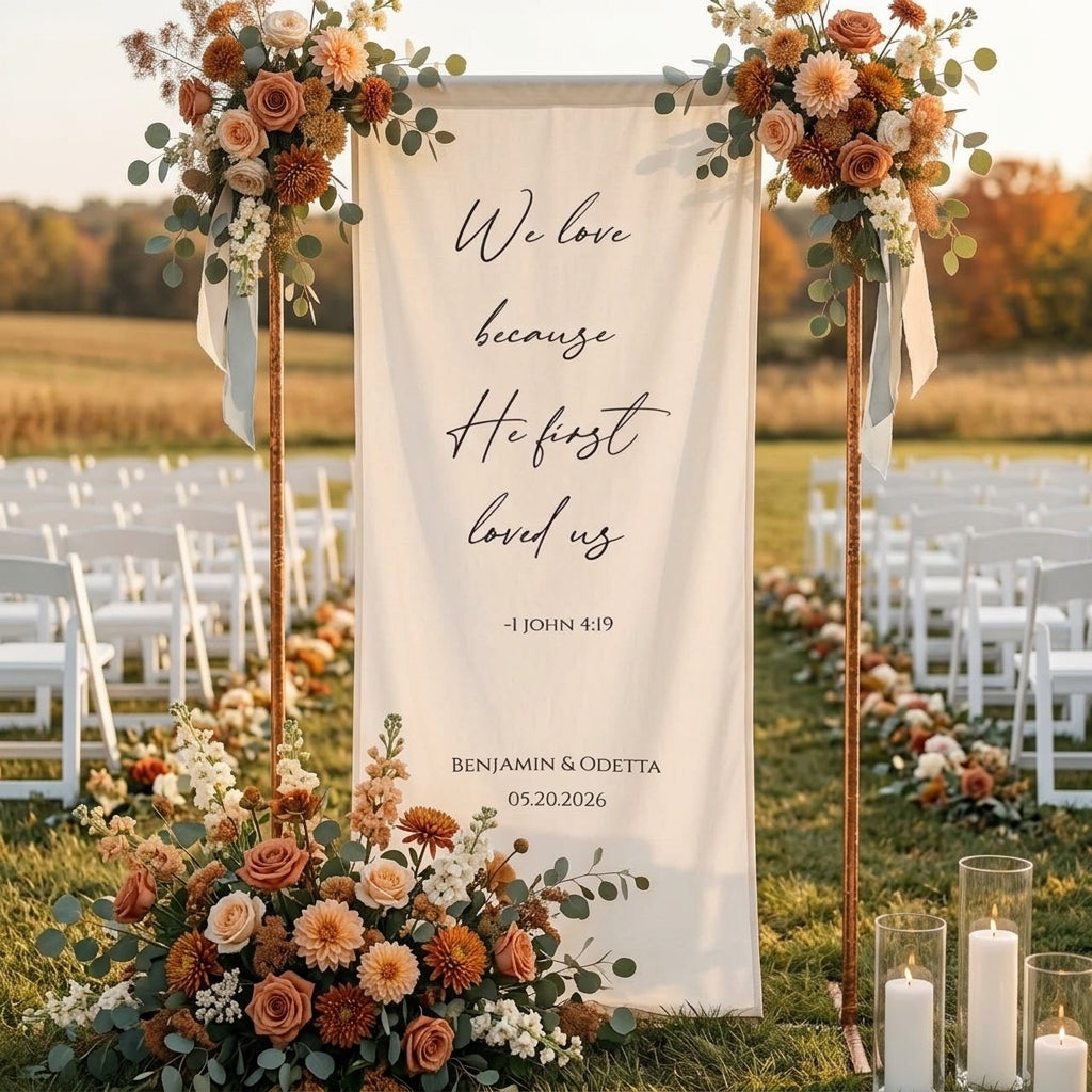 Minimalist Wedding Bible Verse Banner Stand, Personalized Couple Names & Date