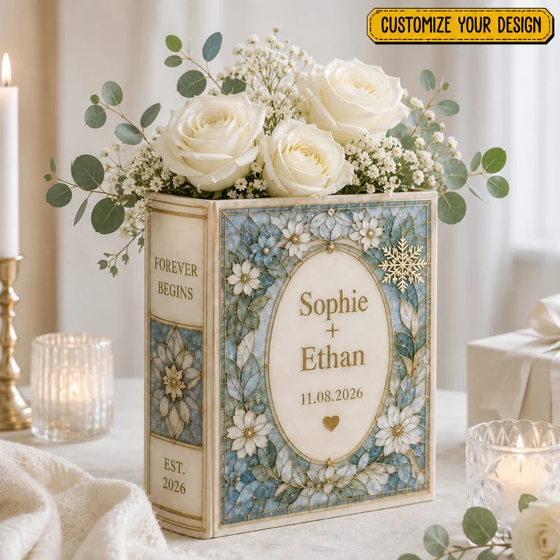 Personalized Stained Glass Effect Ceramic Book Vase With Name And Date - Custom wedding Gift, Annivesary Gift For Couple