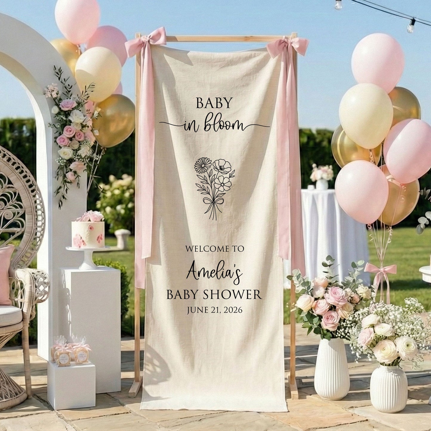 Floral Baby Shower Banner Stand Personalized Custom Name Welcome Sign Linen Baby in Bloom Decor