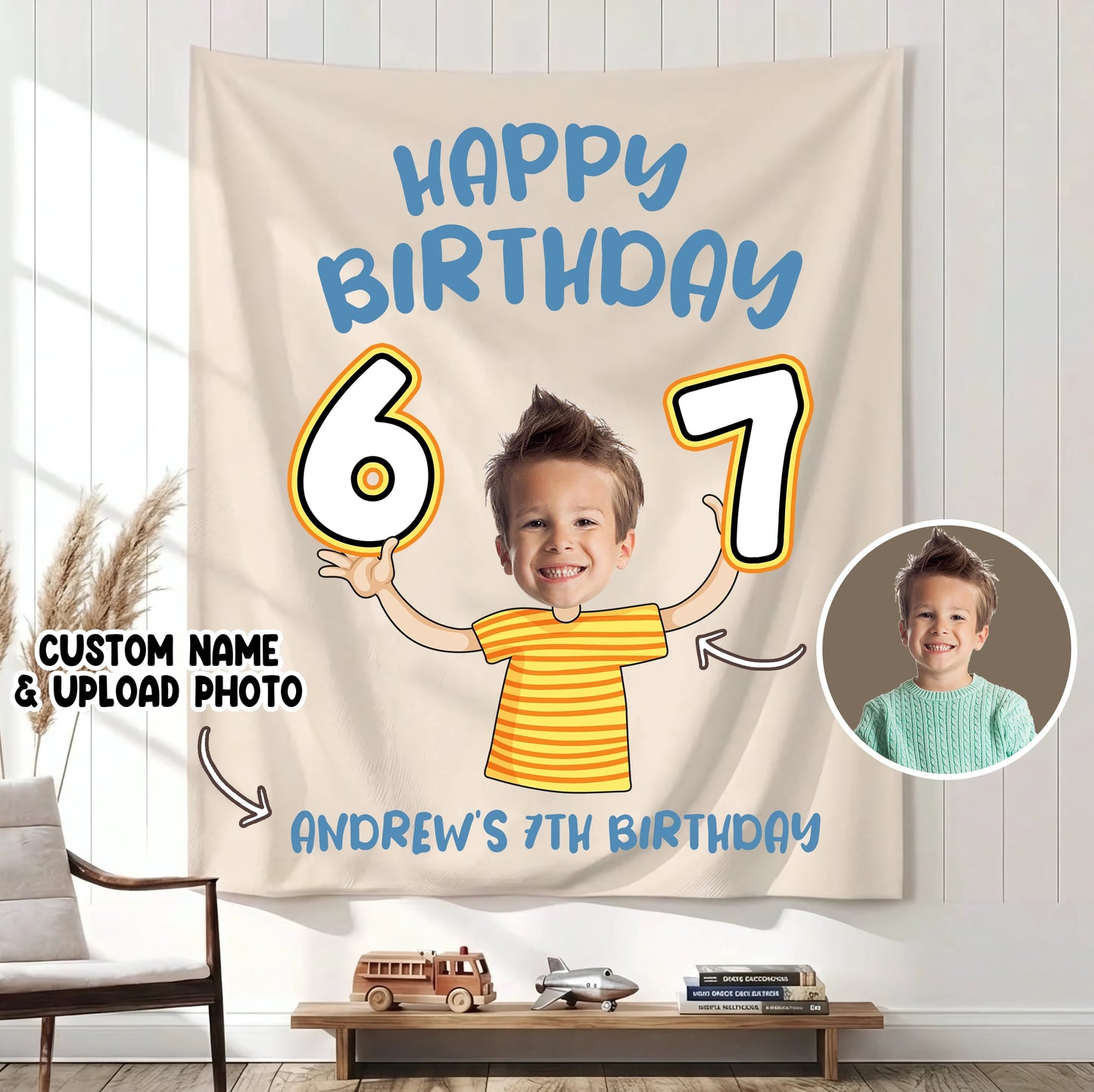 Custom Photo 7th Birthday Tapestry Banner Personalized Kids Birthday Backdrop Party Decor