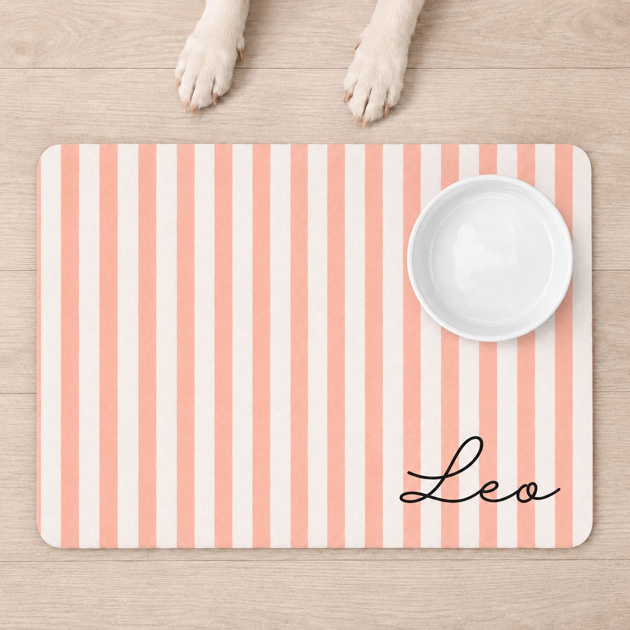 Personalized pet mat in coral watercolor stripes
