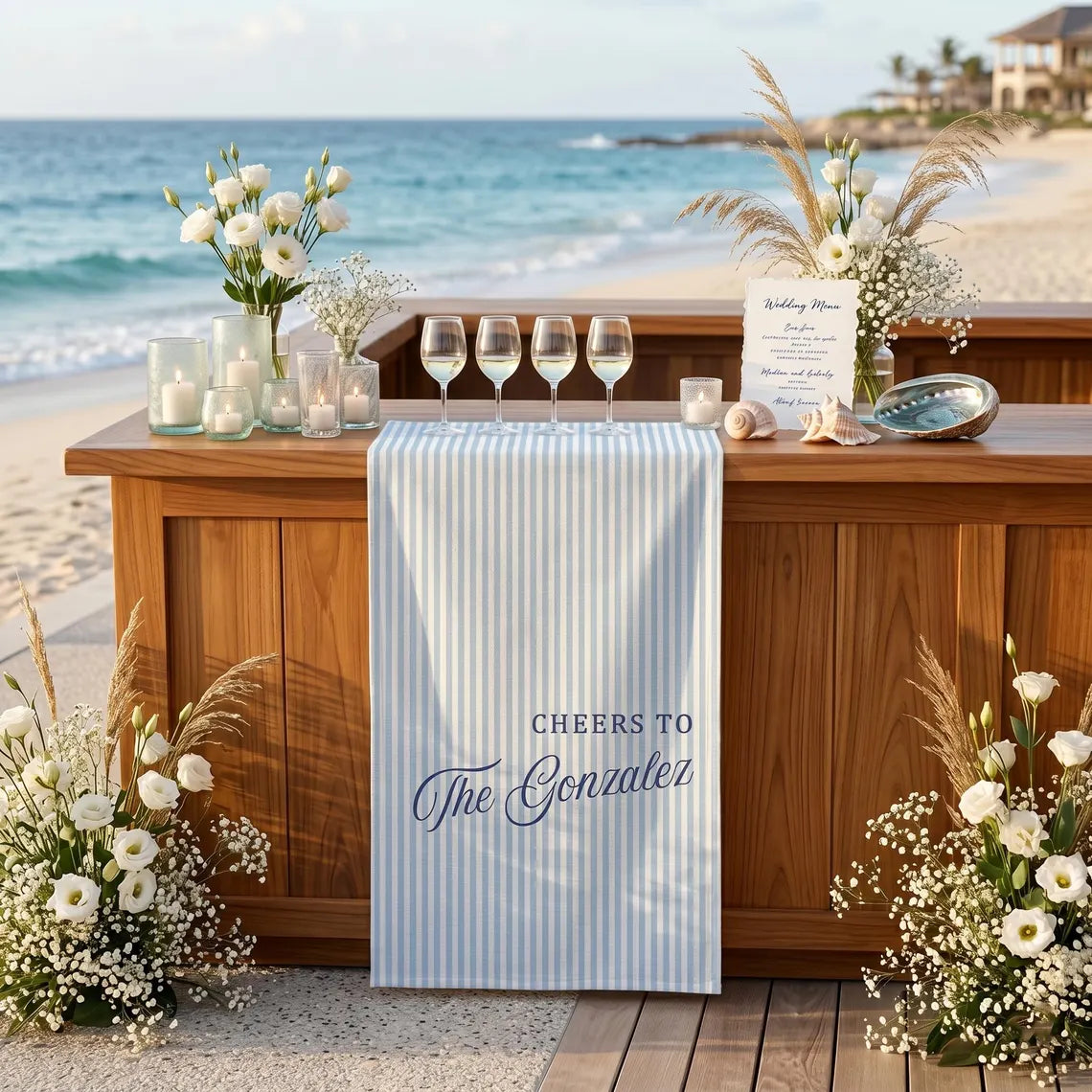 Personalized wedding runner styled on a beach bar