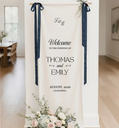 Minimalist Wedding Welcome Banner Personalized Linen Wedding Welcome Sign Custom Name Ceremony Decor