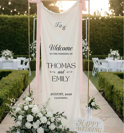 Minimalist Wedding Welcome Banner Personalized Linen Wedding Welcome Sign Custom Name Ceremony Decor