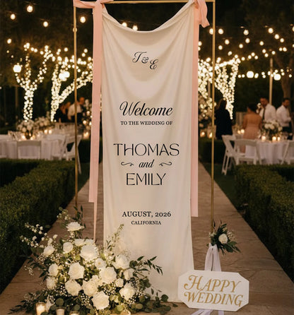 Minimalist Wedding Welcome Banner Personalized Linen Wedding Welcome Sign Custom Name Ceremony Decor