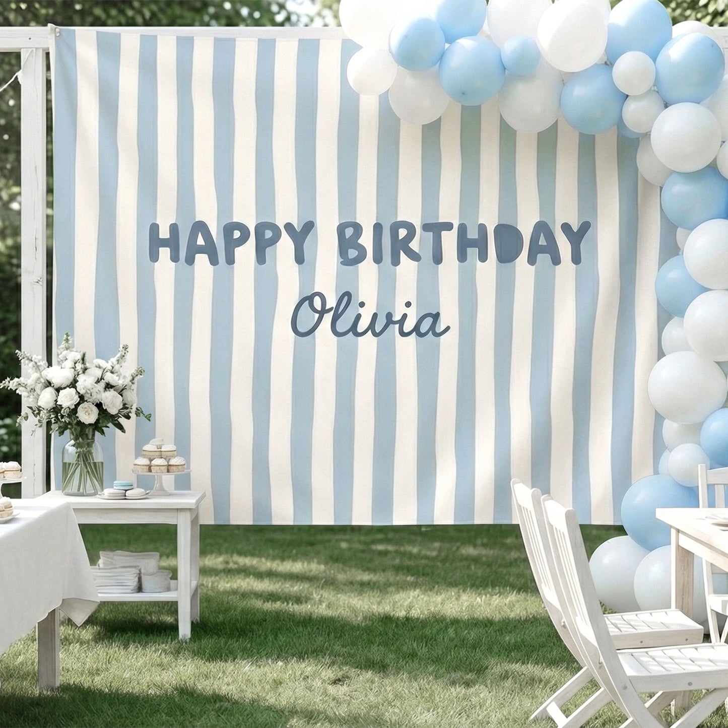 Striped Birthday Banner Personalized Custom Name Birthday Backdrop Neutral Party Photo Banner