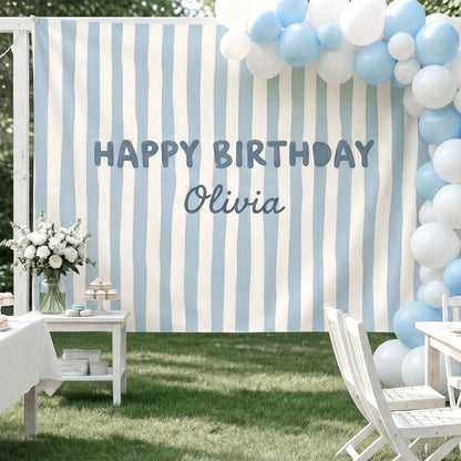 Striped Birthday Banner Personalized Custom Name Birthday Backdrop Neutral Party Photo Banner