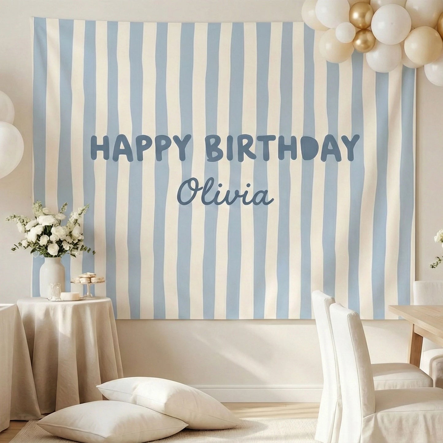 Striped Birthday Banner Personalized Custom Name Birthday Backdrop Neutral Party Photo Banner