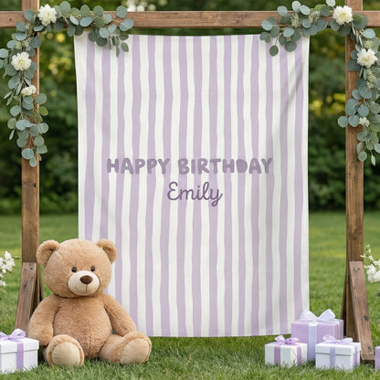 Striped Birthday Banner Personalized Custom Name Birthday Backdrop Neutral Party Photo Banner
