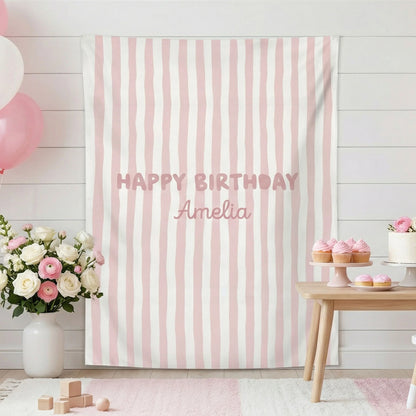Striped Birthday Banner Personalized Custom Name Birthday Backdrop Neutral Party Photo Banner