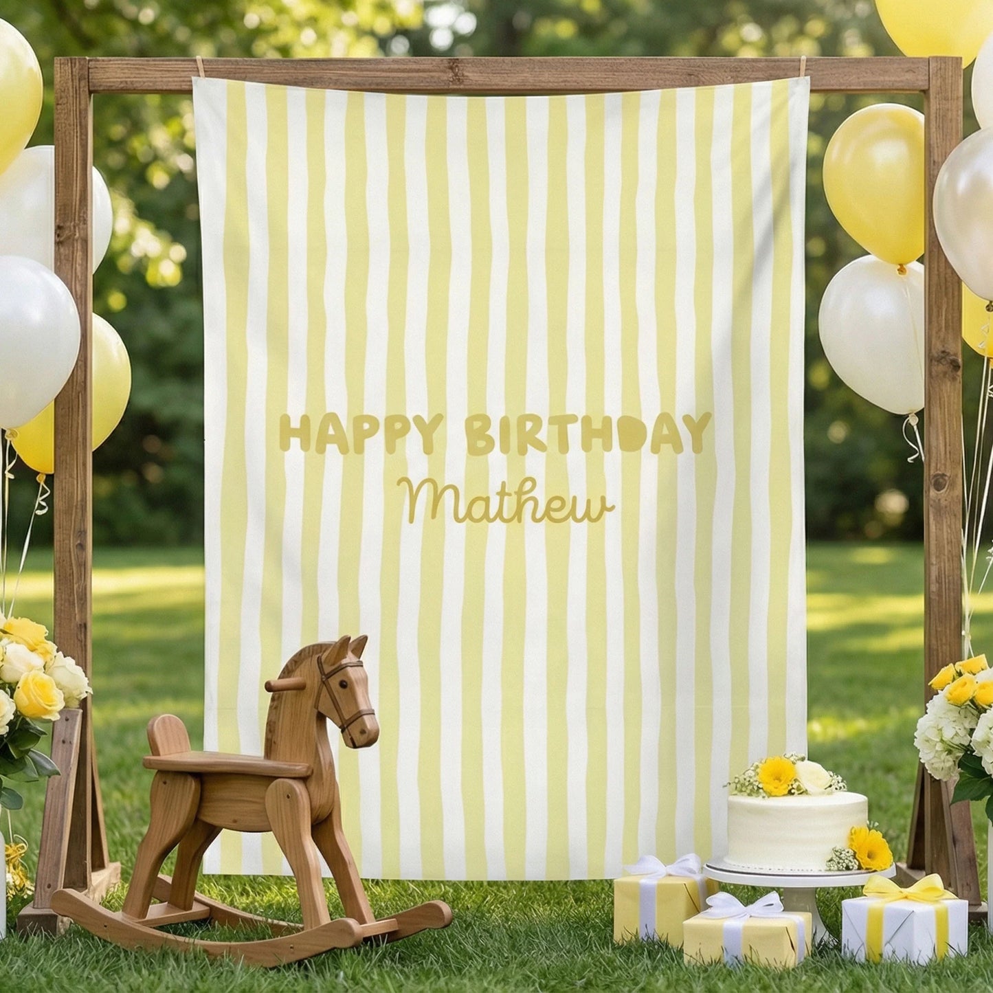 Striped Birthday Banner Personalized Custom Name Birthday Backdrop Neutral Party Photo Banner