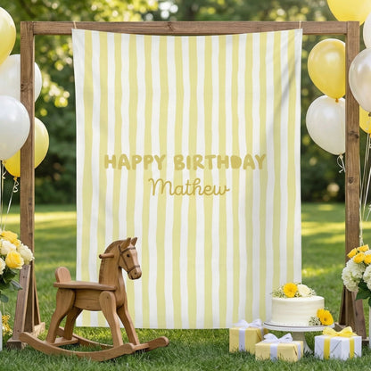 Striped Birthday Banner Personalized Custom Name Birthday Backdrop Neutral Party Photo Banner