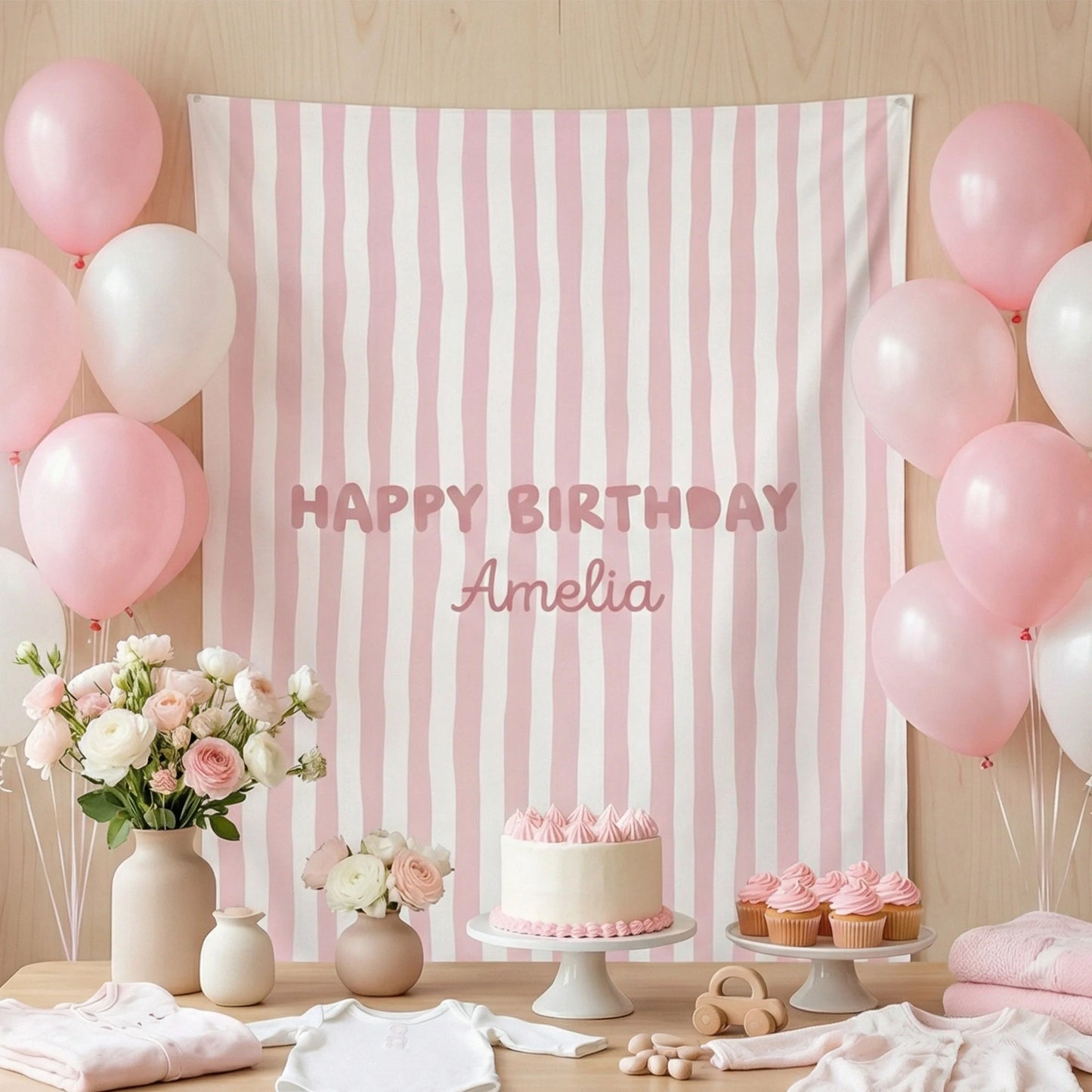 Striped Birthday Banner Personalized Custom Name Birthday Backdrop Neutral Party Photo Banner