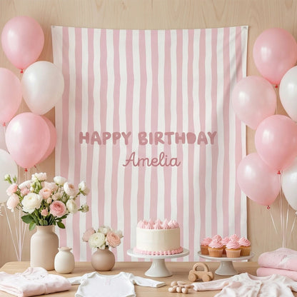 Striped Birthday Banner Personalized Custom Name Birthday Backdrop Neutral Party Photo Banner