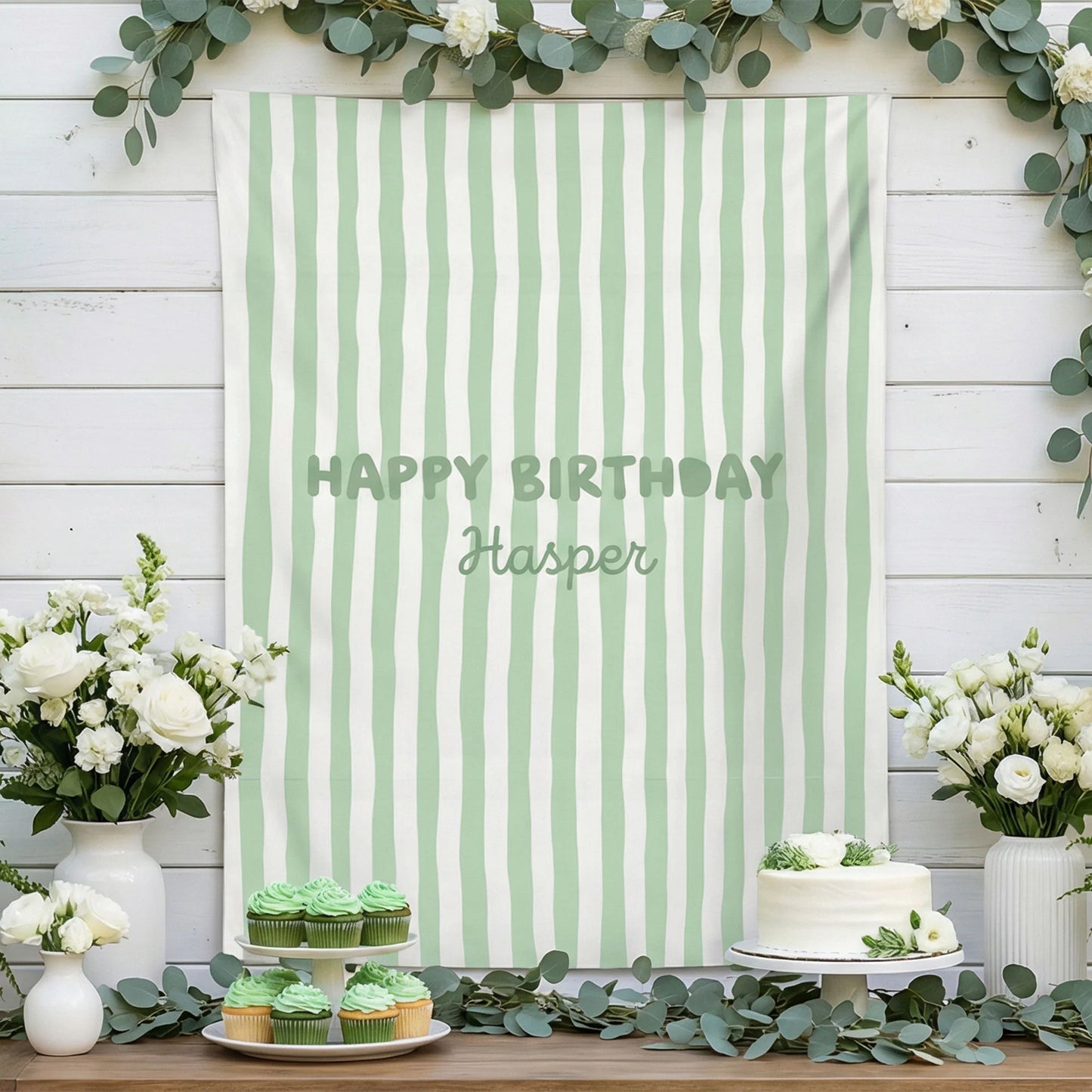 Striped Birthday Banner Personalized Custom Name Birthday Backdrop Neutral Party Photo Banner
