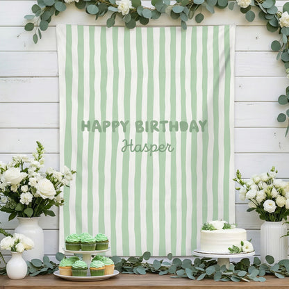 Striped Birthday Banner Personalized Custom Name Birthday Backdrop Neutral Party Photo Banner
