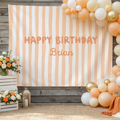 Striped Birthday Banner Personalized Custom Name Birthday Backdrop Neutral Party Photo Banner