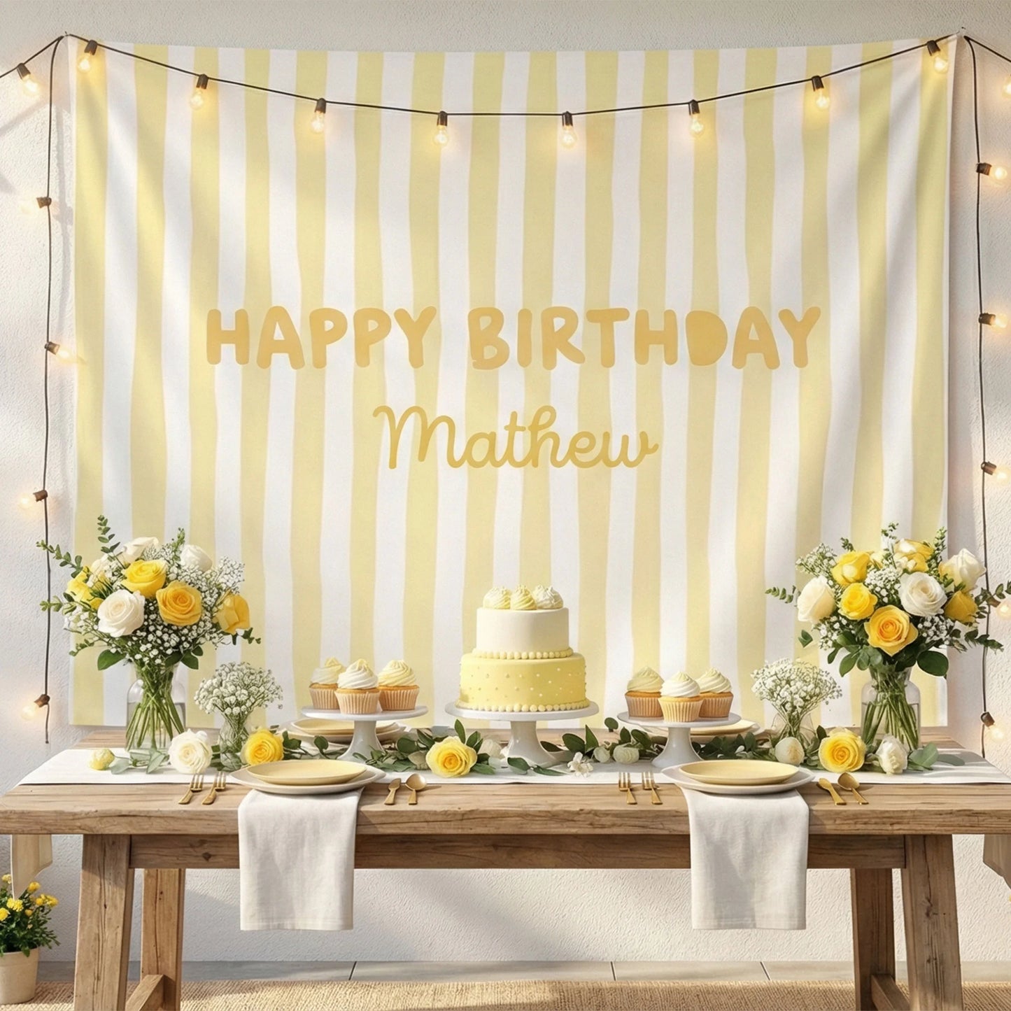 Striped Birthday Banner Personalized Custom Name Birthday Backdrop Neutral Party Photo Banner
