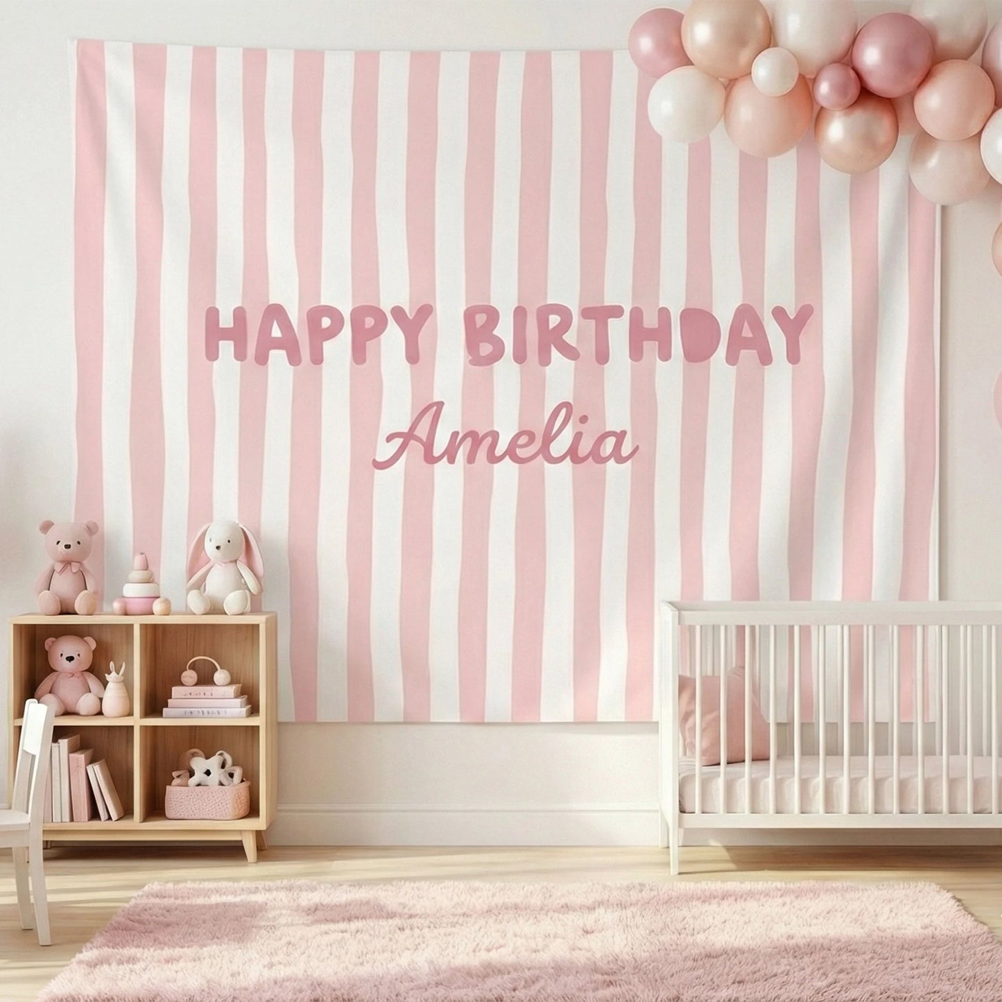 Striped Birthday Banner Personalized Custom Name Birthday Backdrop Neutral Party Photo Banner