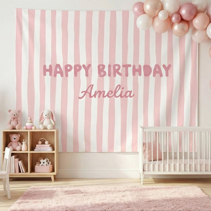 Striped Birthday Banner Personalized Custom Name Birthday Backdrop Neutral Party Photo Banner