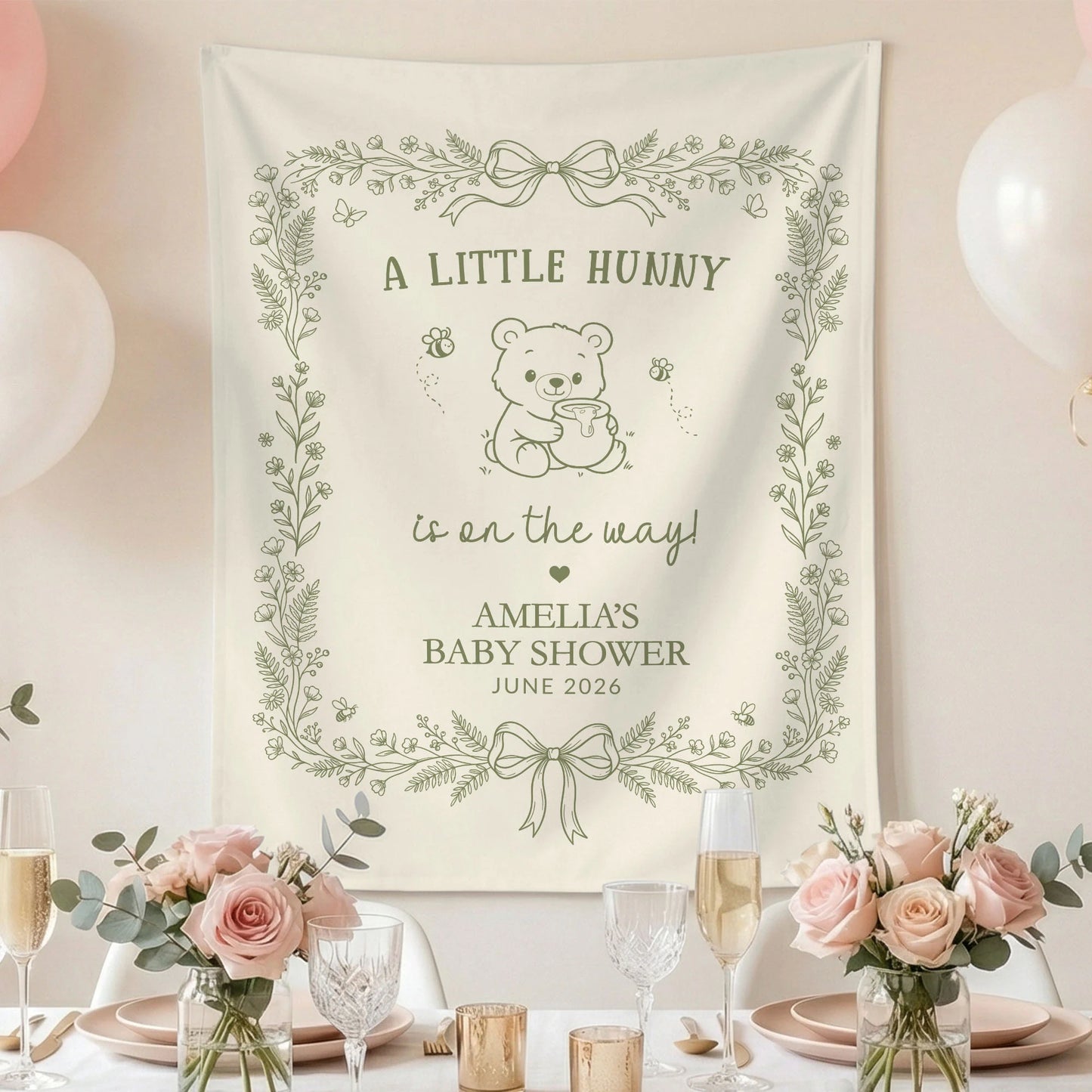 Little Hunny Baby Shower Banner Personalized Winnie Baby Shower Backdrop Custom Name Baby Shower Banner