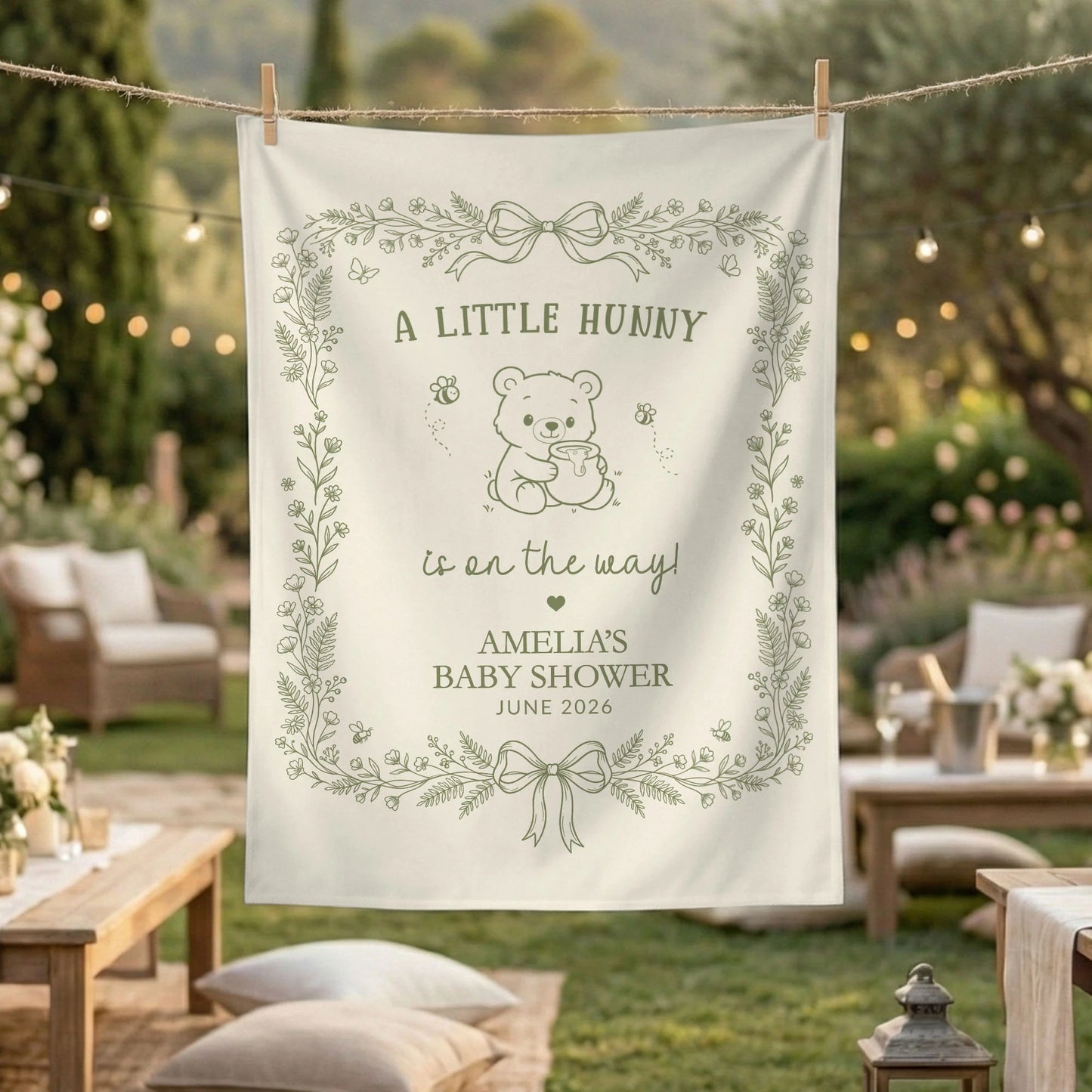 Little Hunny Baby Shower Banner Personalized Winnie Baby Shower Backdrop Custom Name Baby Shower Banner
