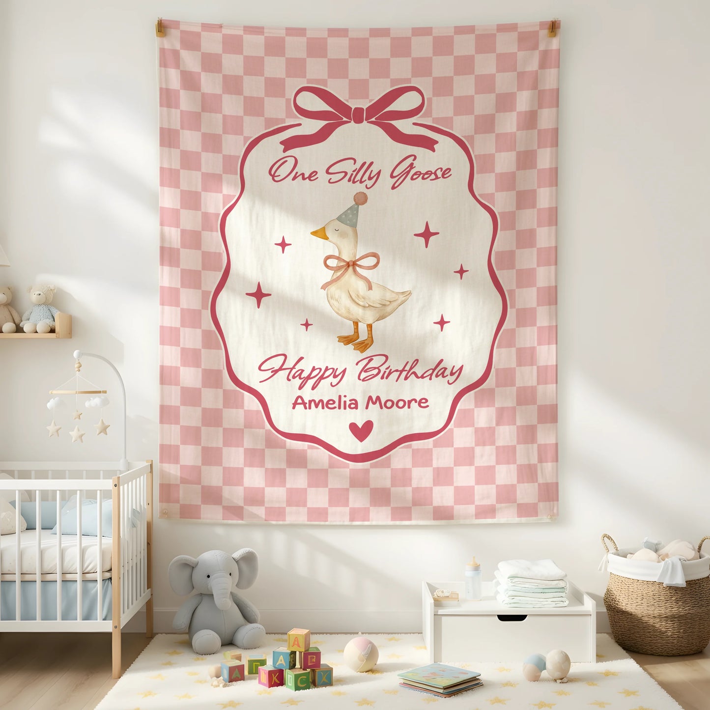 Coquette First Birthday Tapestry Personalized One Silly Goose Birthday Banner Custom Name Party Decor