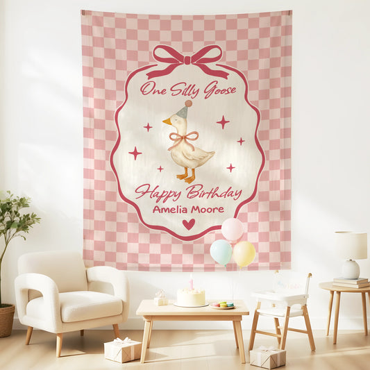 Coquette First Birthday Tapestry Personalized One Silly Goose Birthday Banner Custom Name Party Decor