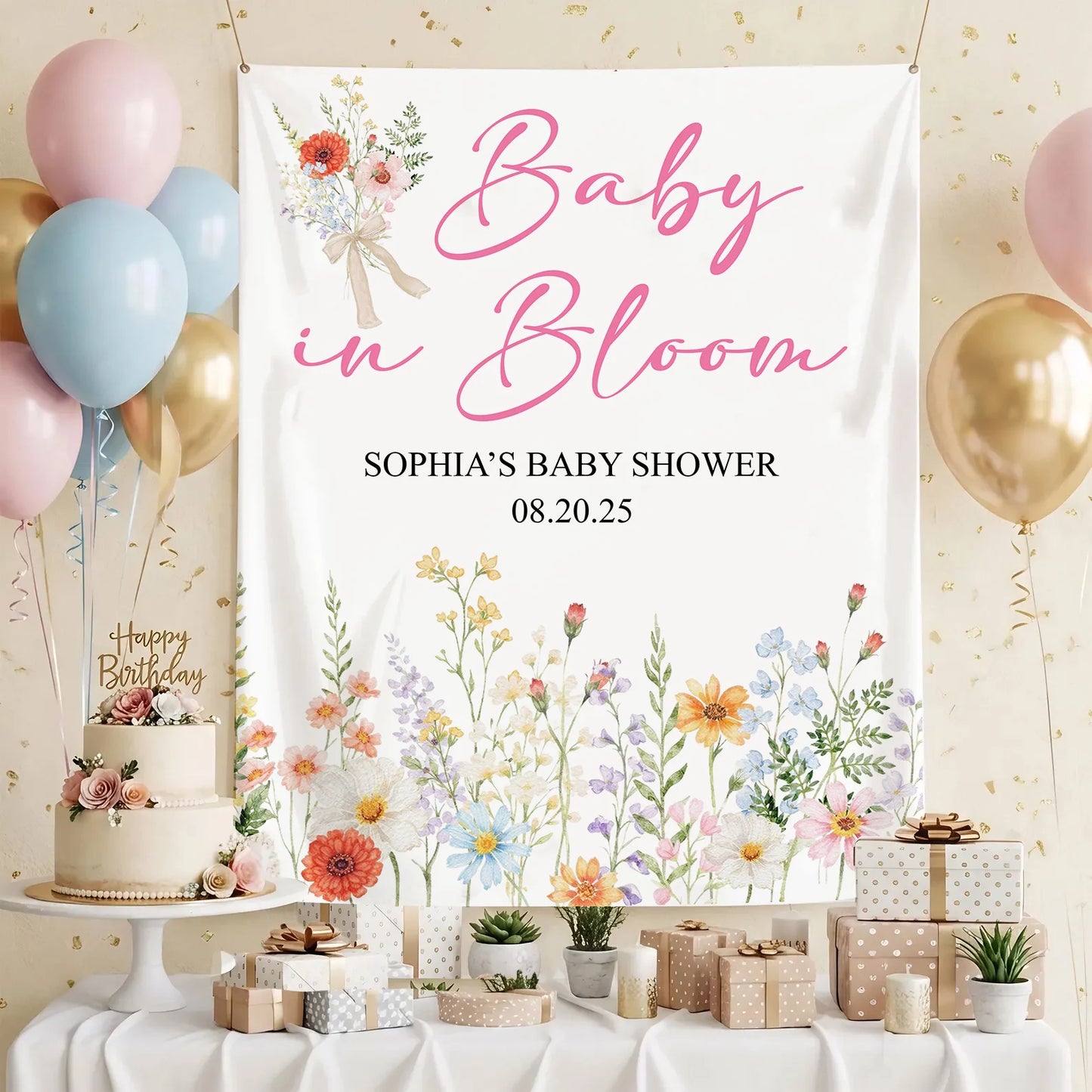 Baby In Bloom Baby Shower Tapestry Personalized Custom Name Floral Baby Shower Backdrop Banner