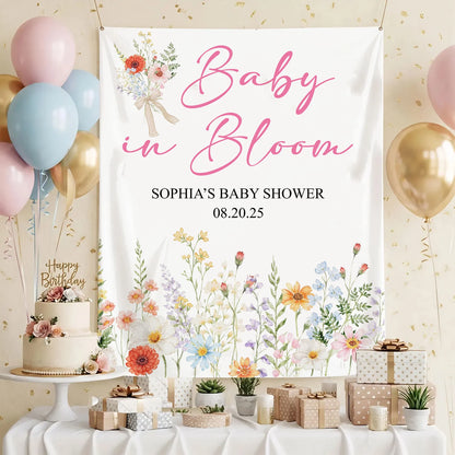 Baby In Bloom Baby Shower Tapestry Personalized Custom Name Floral Baby Shower Backdrop Banner