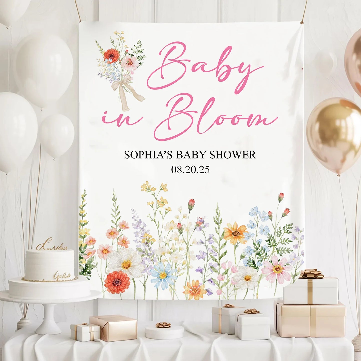 Baby In Bloom Baby Shower Tapestry Personalized Custom Name Floral Baby Shower Backdrop Banner